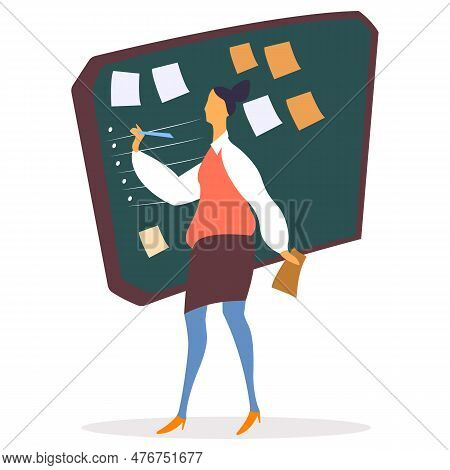 Woman Filling List On Whiteboard Vector. Leader Of Company Giving Tasks On Board. Taskboard With Sti