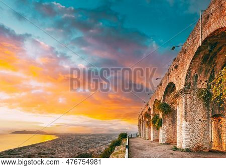 Terracina, Italy. Remains Of Temple Of Jupiter Anxur During Sunset. Terracina, Italy. Remains Of Tem