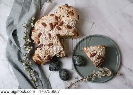 Delicious Italian Easter Dove Cake (traditional Colomba Di Pasqua), Painted Eggs And Branches With B