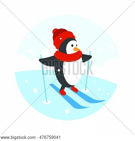 Penguin Skiing. Winter Sport. Flat Style Vector Illustration.