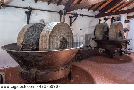 Olive Oil Press Is Installed In Premises Of The Ancient Equipment For Production Of Olive Oil, Stone