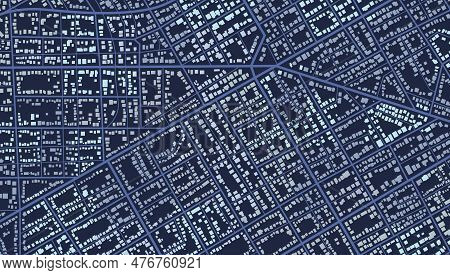 Blue City Area, Background Map, Streets And Cartography Illustration. Widescreen Proportion, Digital