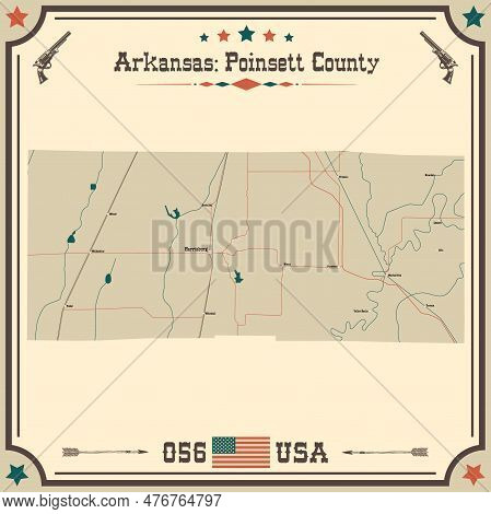Large And Accurate Map Of Poinsett County, Arkansas, Usa With Vintage Colors.