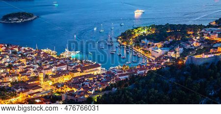 Aerial View Of Hvar Rooftops And Harbor Evening Panoramic View, Dalmatia Archipelago Of Croatia