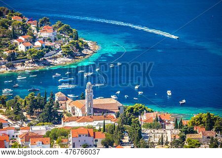 Old Town Of Hvar Bay And Harbor Aerial View, Dalmatia Archipelago Of Croatia