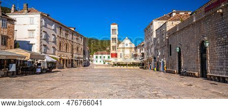 Pjaca Square In Town Of Hvar Panoramic View, Dalmatia Archipelago Of Croatia