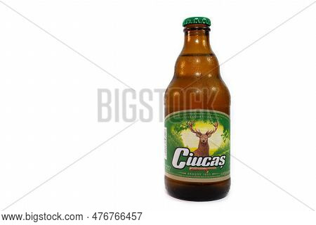 Miercurea Ciuc, Romania- 24 May 2023: Bottle Of Ciucas Beer On White Background.