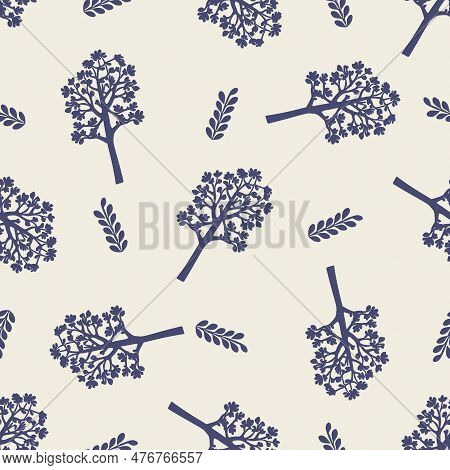 Quirky Forest Tree Blue Motif Vector Pattern. Seamless Decoration Of Whimsical Woodland Botanical De