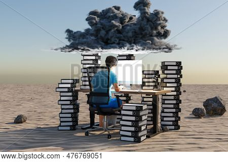 Man Sitting At Pc Office Workplace In Desert Environment With Huge Stacks Of Binders And Cloud Over 