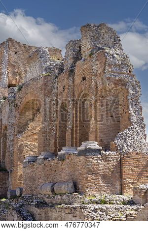 Taormina, Sicily, Italy - April 28, 2023: Ancient Theatre Of Taormina (teatro Antico Di Taormina), R