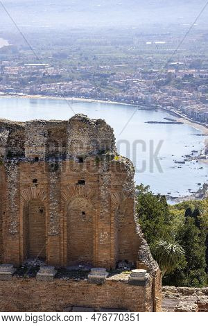 Taormina, Sicily, Italy - April 28, 2023: Ancient Theatre Of Taormina (teatro Antico Di Taormina), R