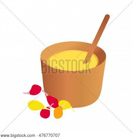 Ghee Butter In Wooden Cup Vector Illustration Isolated On White