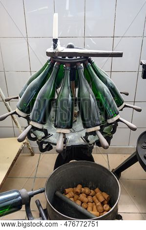 Old Equipment For Making Champagne Sparkling Wine From Chardonnay And Pinor Noir Grapes In Grand Cru