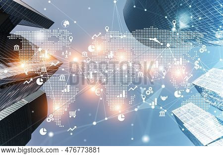 World Global Business Background. Technology Connect Network Map On Business City Background.