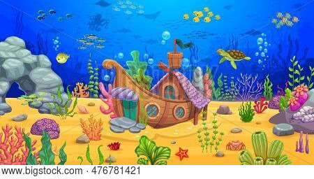 Cartoon Underwater Sea Landscape With Sunken Boat And Seaweeds. Wooden Sail Ship House Building Lyin