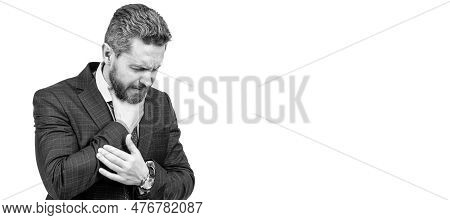 Man Face Portrait, Banner With Copy Space. Unhealthy Director In Suit Hold Neck Suffering From Sore 