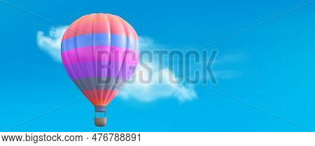 3d Hot Air Balloon Realistic Travel Basket Fly In Sky With Cloud Vintage Vector Illustration. Creati