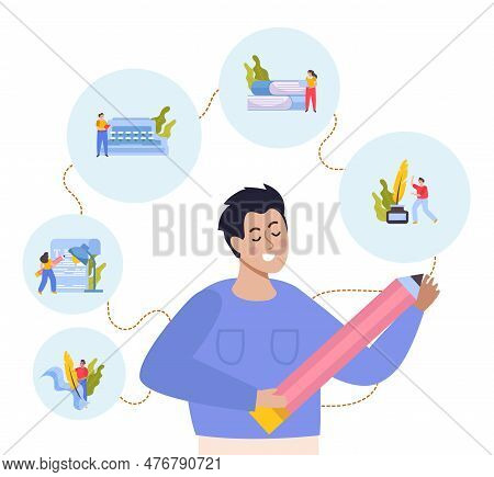 Writer Flat Background With Set Of Round Compositons With Book Icons Surrounding Male Character Hold