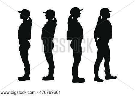 Muscular Female Lifeguard Standing In Different Position Silhouette Set Vector. Beach Lifeguard Girl