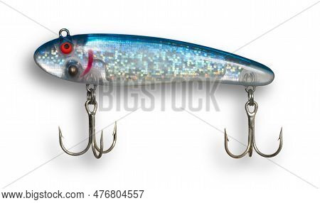 Topwater Fishing Lure With A Shadow Behind That Is Blue And Transluscent With White  Reflective Surf