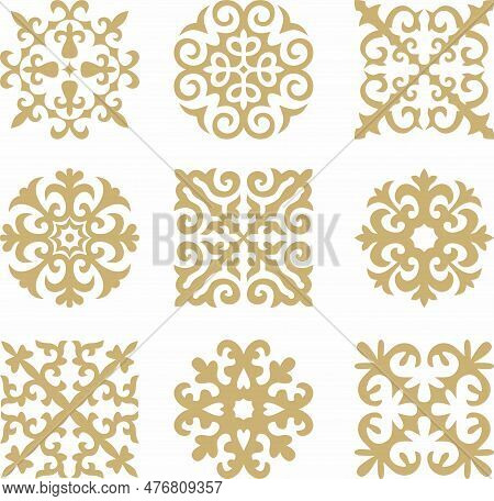 Vector Set Ofgolden Signs Kazakh National Ornament. Ethnic Pattern Of The Peoples Of The Great Stepp