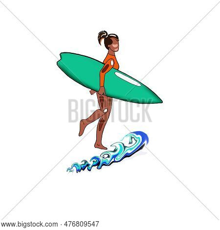 Surfer Girl Walks With A Board, Isolate On A White Background, Llustrations Are Drawn On A Blue Back
