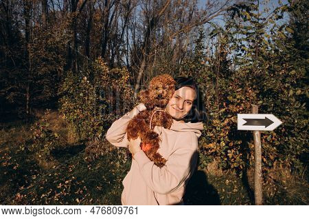 A Woman With A Small Brown Dog Walks In A Park. Leisure With A Pet In Nature. Front View