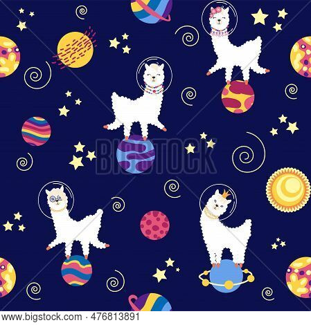 Seamless Pattern With Lama In A Rocket, In Space. Lama Travels, Adventures Among The Stars. Cute Pat