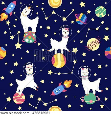 Seamless Pattern With Lama In A Rocket, In Space. Lama Travels, Adventures Among The Stars. Cute Pat