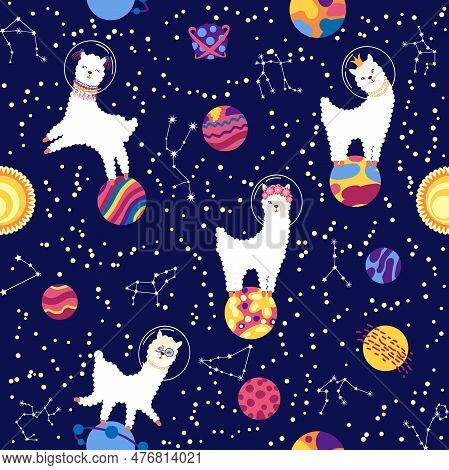 Seamless Pattern With Lama In A Rocket, In Space. Lama Travels, Adventures Among The Stars. Cute Pat