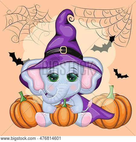 Cute Cartoon Elephant, Childish Character In Wizard Hat With Pumpkin, Potion Or Broom. Halloween Pos