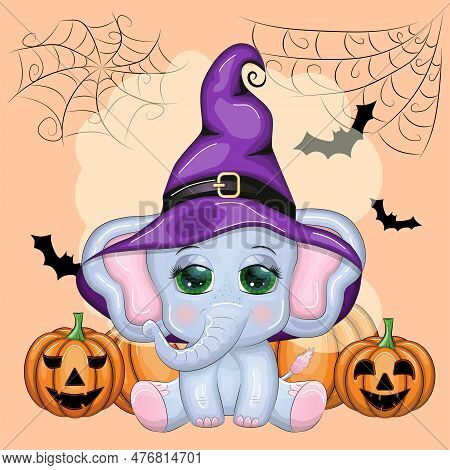 Cute Cartoon Elephant, Childish Character In Wizard Hat With Pumpkin, Potion Or Broom. Halloween Pos