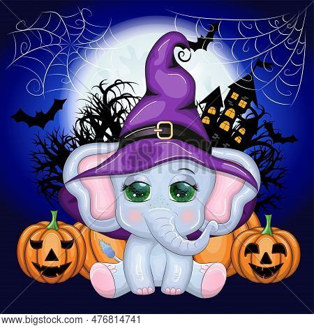 Cute Cartoon Elephant, Childish Character In Wizard Hat With Pumpkin, Potion Or Broom. Halloween Pos
