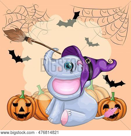 Cute Cartoon Elephant, Childish Character In Wizard Hat With Pumpkin, Potion Or Broom. Halloween Pos