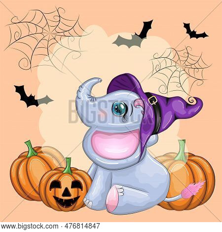 Cute Cartoon Elephant, Childish Character In Wizard Hat With Pumpkin, Potion Or Broom. Halloween Pos