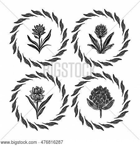 Linotype Floral Icon Collection In Whimsical Vector Art. Decorative Foliate Design For Rustic Botany