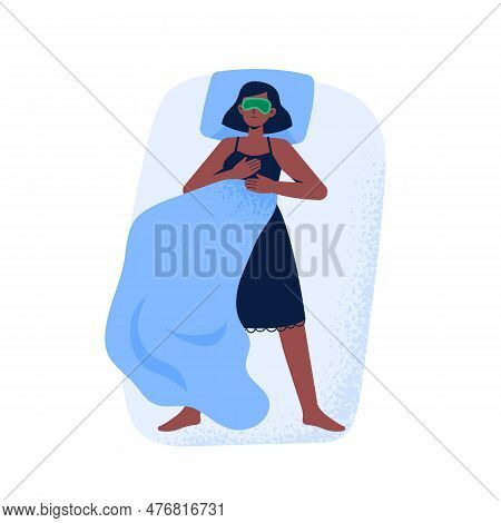 A Woman Sleeps In A Back Pose In A Face Mask. Top View Of Night Sleeping Position. Vector Illustrati