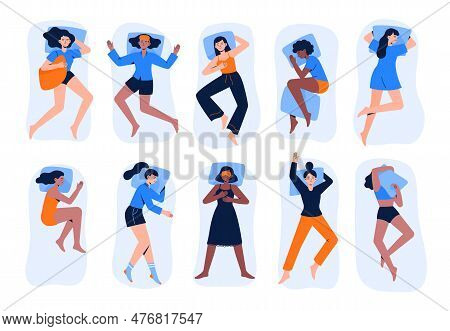 Set Of Multiracial Sleeping Women. Women Lie In Various Poses During Dream In Bed. Nap Or Night Slee