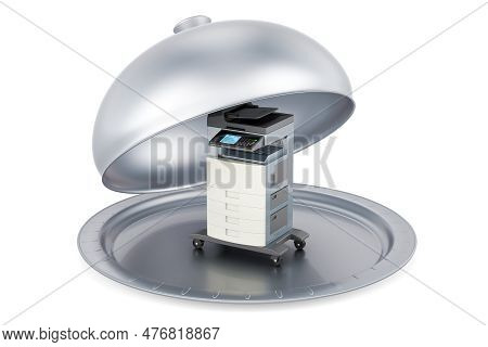 Restaurant Cloche With Office Multifunction Printer Mfp, 3d Rendering Isolated On White Background