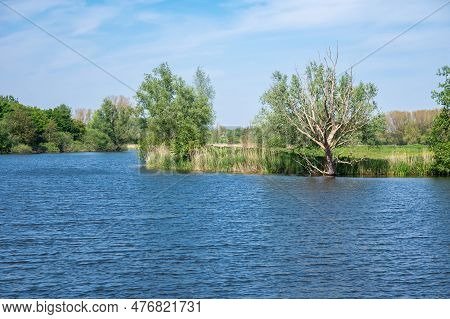 The Old River Durme And Green Banks At The Flemish Countryside Around Hamme, Flanders, Belgium