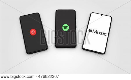 New York, Usa - 1 May 2023: Spotify, Apple Music And Youtube Music Logo On Phone Screen, Illustrativ