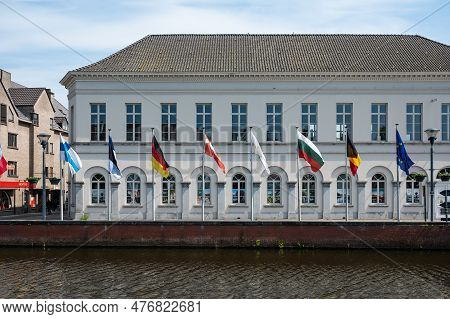Lokeren, East Flemish Region, Belgium - May 18, 2023 - The White City Museum Building At The Banks O
