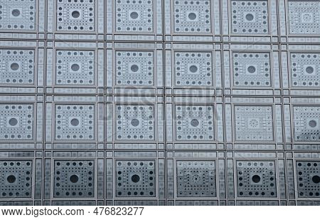 Paris, France - March 17, 2023: Crystal Squares That Contains Photoelectric Cells On The Facade Of A