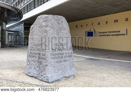 Brussels, Belgium - May 18, 2023: Robert Schuman Memorial Obelisk In Front Of Berlaymont, Seat Of Th