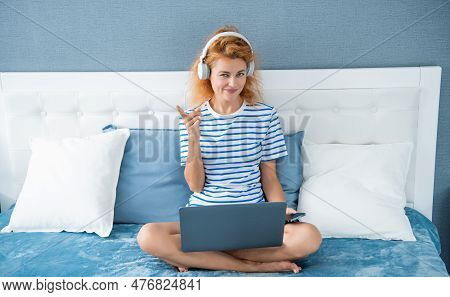 Skeptical Woman Freelancer Has Remote Work. Remote Working Woman Freelancer At Home. Freelancer