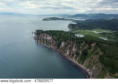 Aerial Drone Photo Of Mayachny Cape On Kamchatka Peninsula On Picturesque Avacha Bay Coast Covered B