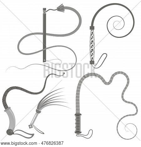 Grey Leather Whip Icon Set Isolated On A White Background.