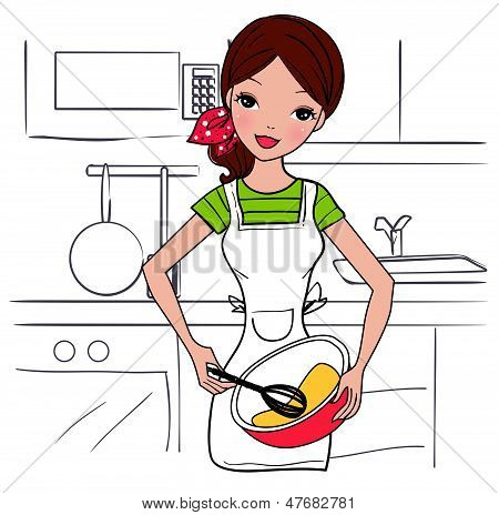 Happy housewife držící misku a metla
