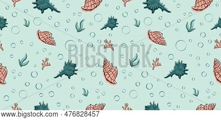 Seamless Pattern With Shells. Vector Illustration. Sea Clums Seamless Pattern. Tropical Underwater W