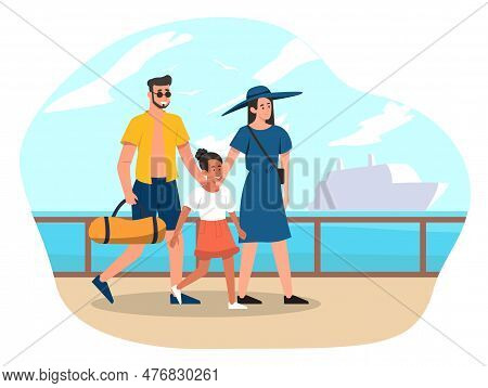 Sea Cruise Concept. Man And Woman With Child Walk Along Embankment. Tourists Have Rest In Tropical C